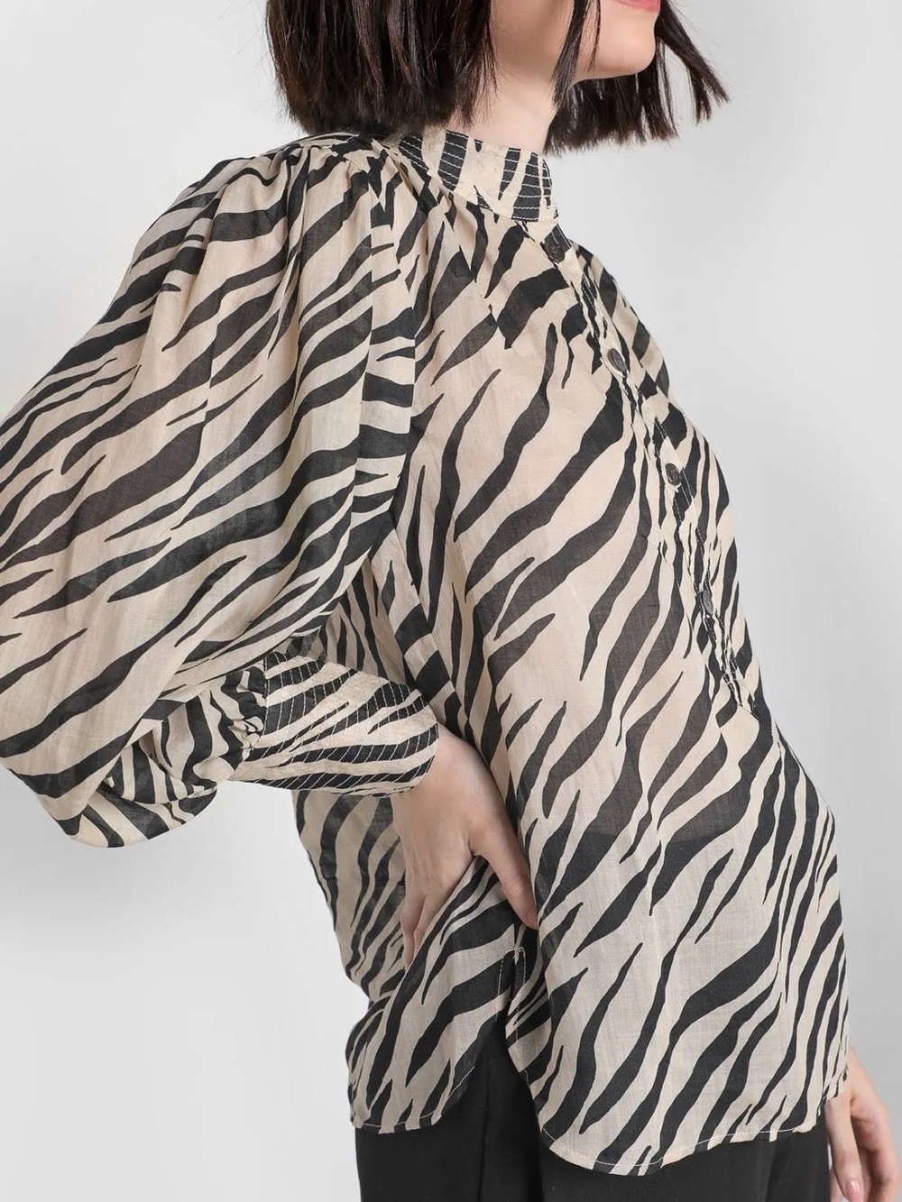 Banana Republic Ramie Popover Shirt Lg Blk Beige Zebra Print - Picture 6 of 7